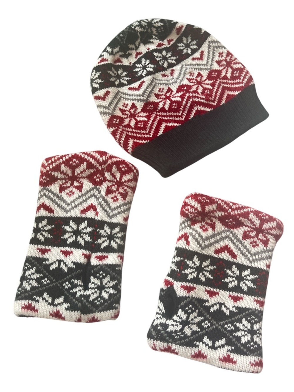 NWOT Winter Beanie and Wrist Warmers Set - Red, Black & White Snowflake Design